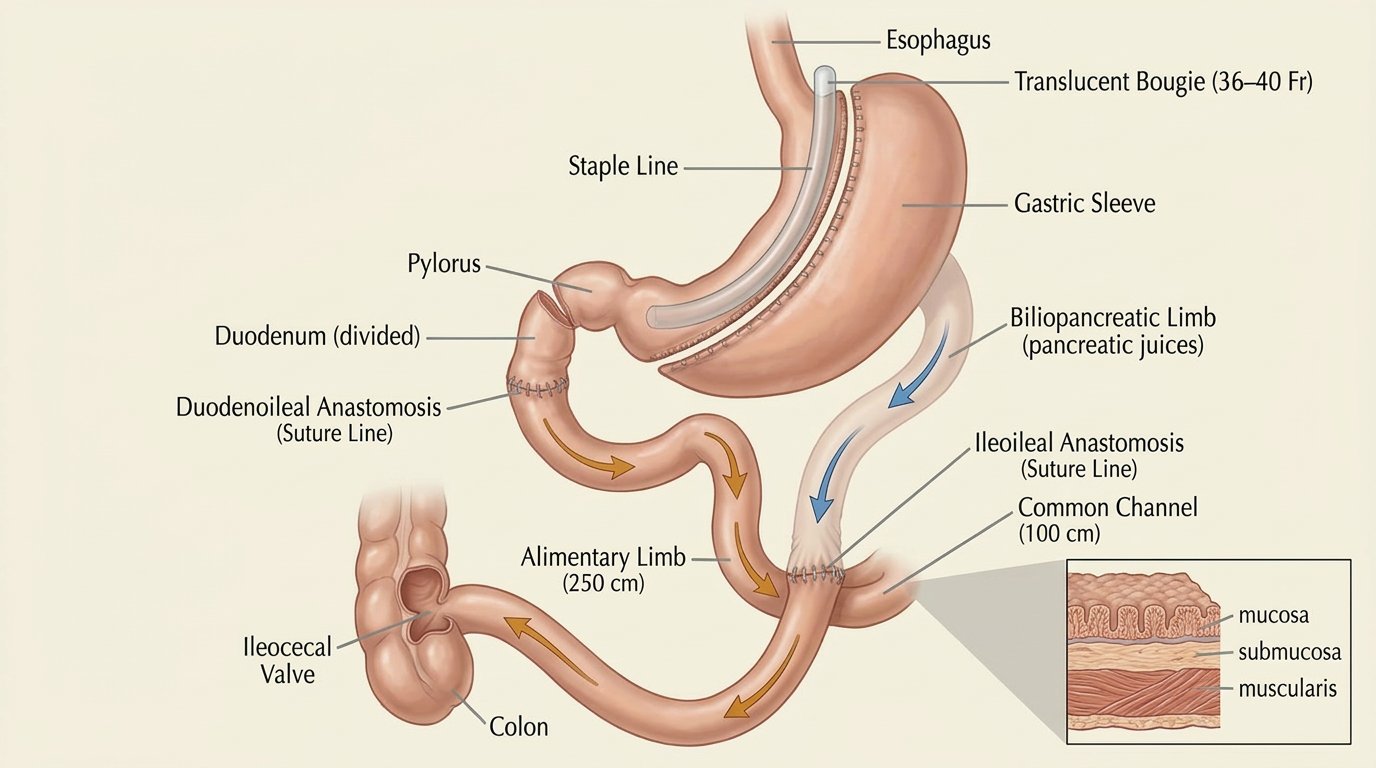 Medical illustration of BPD-DS biliopancreatic diversion with duodenal switch anatomy showing gastric sleeve, divided duodenum, duodenoileal anastomosis, alimentary limb 250cm, biliopancreatic limb, ileoileal anastomosis, common channel 100cm, ileocecal valve, and colon