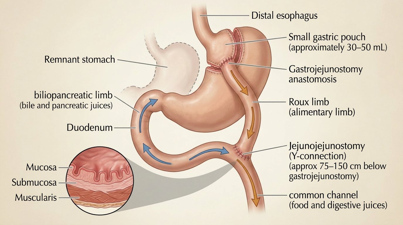 Medical illustration of Roux-en-Y gastric bypass (RYGB) anatomy showing small gastric pouch, gastrojejunostomy anastomosis, Roux limb alimentary limb, biliopancreatic limb, jejunojejunostomy Y-connection, remnant stomach, duodenum, and common channel with stomach wall layer cross-section
