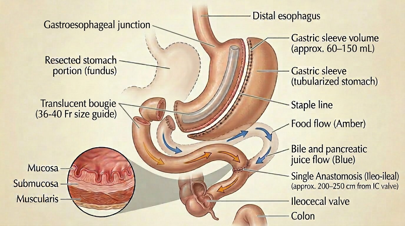 Medical illustration of SADI-S single anastomosis duodeno-ileal bypass with sleeve anatomy showing gastric sleeve, single ileo-ileal anastomosis 200-250cm from ileocecal valve, food flow amber arrows, bile and pancreatic juice flow blue arrows, ileocecal valve, and colon