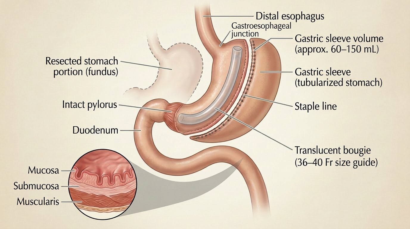 Medical illustration of gastric sleeve (VSG) anatomy showing resected stomach fundus, remaining gastric sleeve tubularized stomach, staple line, translucent bougie sizing tube, intact pylorus, and duodenum with stomach wall layer cross-section